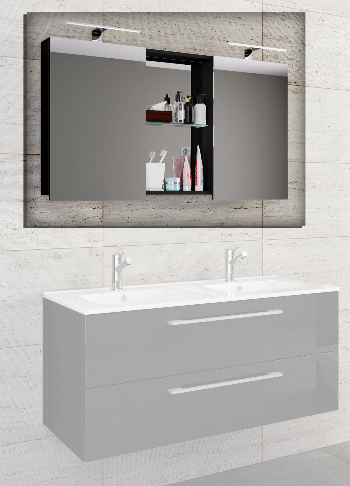 Modernes Badezimmer-Set mit beleuchtetem Spiegelschrank (schwarzer Rahmen, offene Ablage mit Glasboden) über weißem Doppelwaschtisch und hängendem Unterschrank mit zwei Schubladen; Frontansicht.