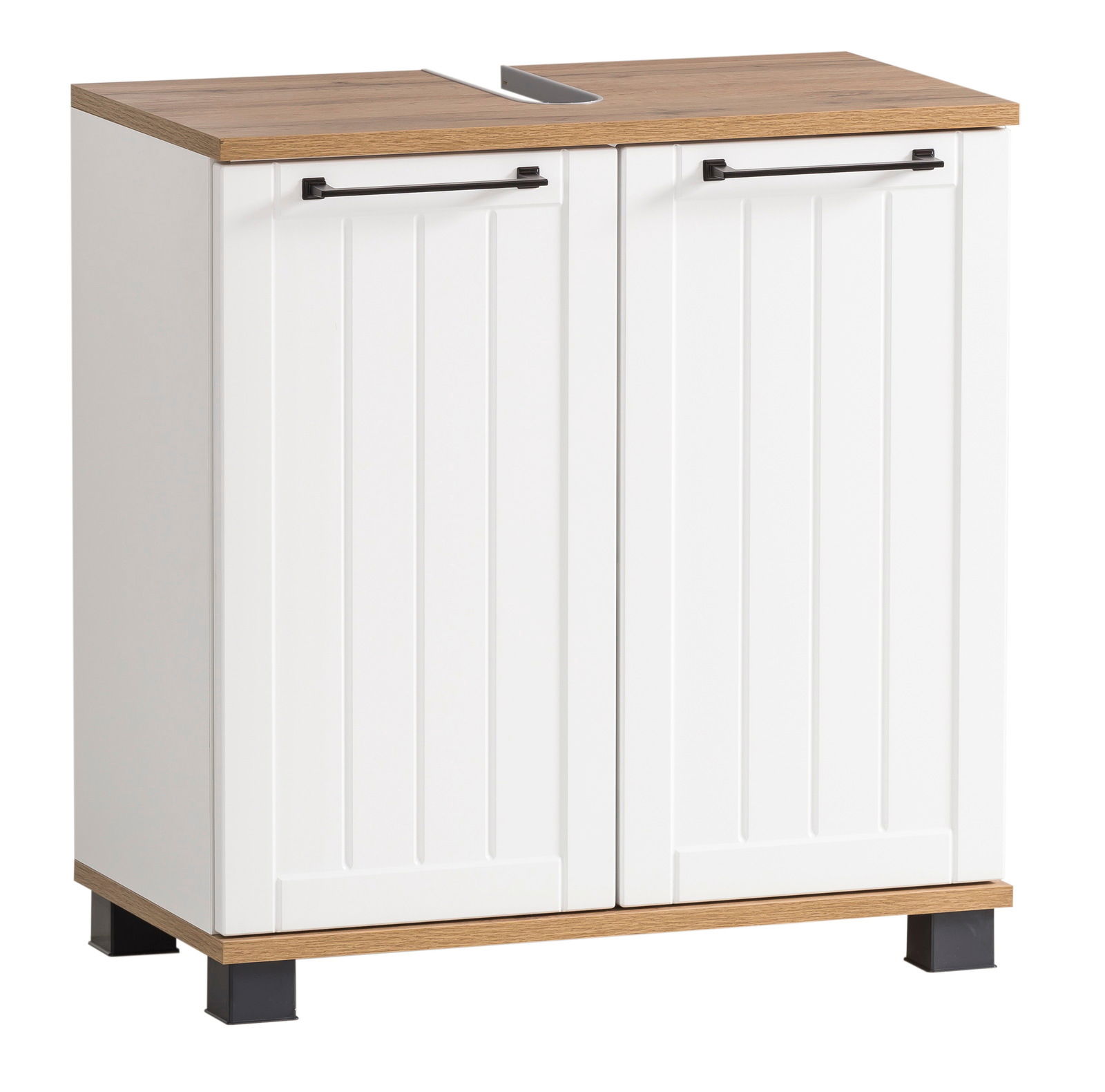 Stylife Waschbeckenunterschrank JELDA Weißer Waschbeckenunterschrank mit Holzoberfläche und schwarzen Griffen, Vorderansicht