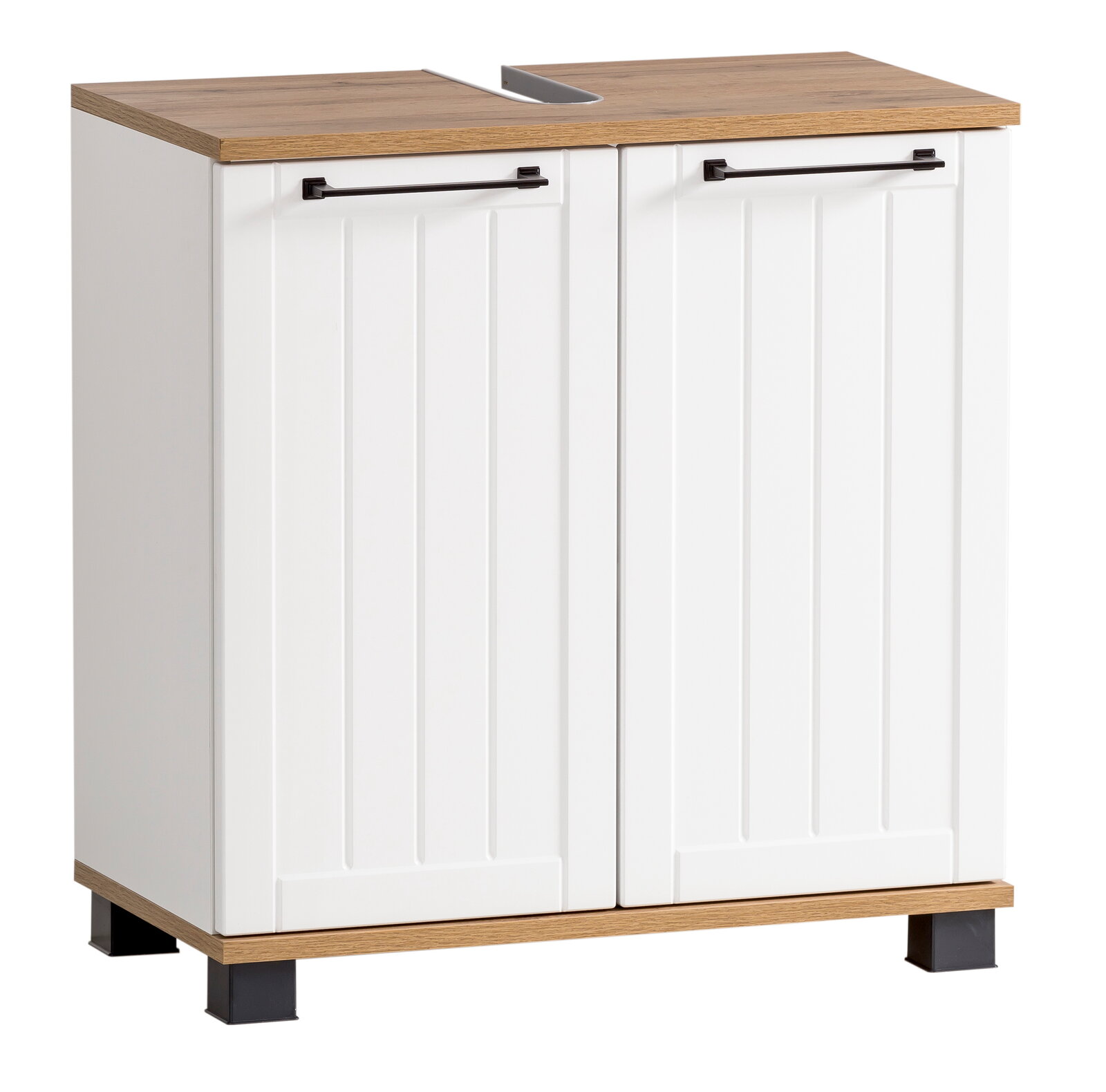 Weißer Waschbeckenunterschrank mit Holzoberfläche und schwarzen Griffen, Vorderansicht