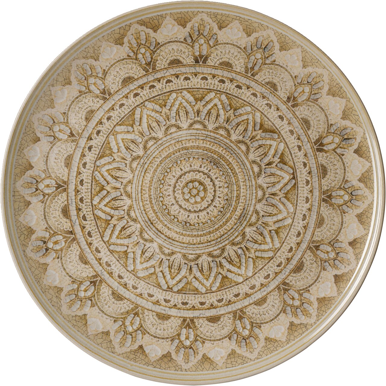 Ritzenhoff & Breker Onderzetter RIMINI Decoratief onderbord met een gedetailleerd, mandala-achtig patroon in beige- en bruintinten, gezien van bovenaf.