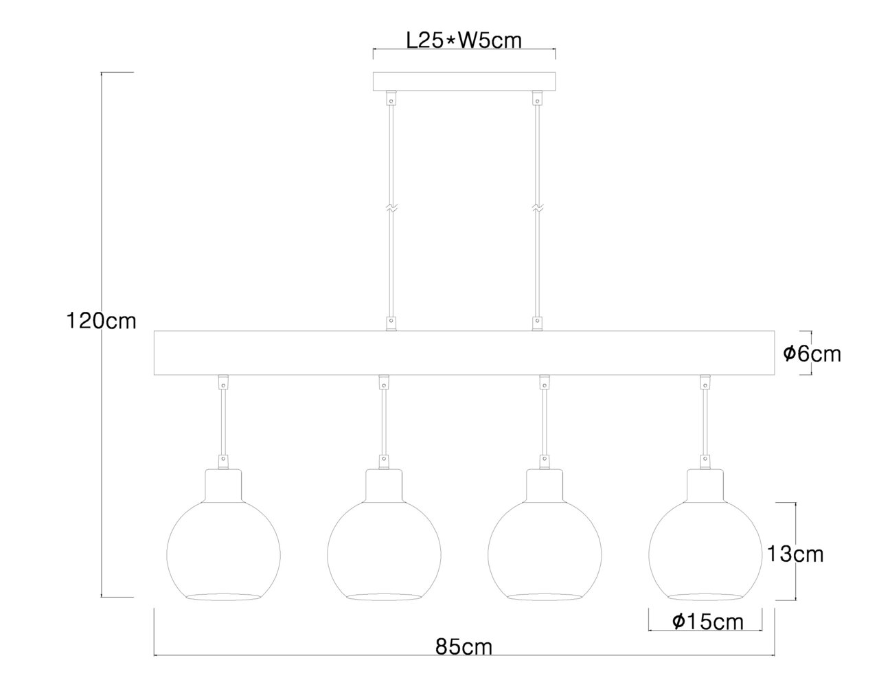 Technische Zeichnung einer Hängeleuchte mit vier kugelförmigen Lampenschirmen, Gesamtbreite 85 cm, Höhe 120 cm, seitliche Ansicht.