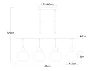 Technische Zeichnung einer Hängeleuchte mit vier kugelförmigen Lampenschirmen, Gesamtbreite 85 cm, Höhe 120 cm, seitliche Ansicht.