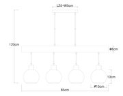 Technische Zeichnung einer Hängeleuchte mit vier kugelförmigen Lampenschirmen, Gesamtbreite 85 cm, Höhe 120 cm, seitliche Ansicht.