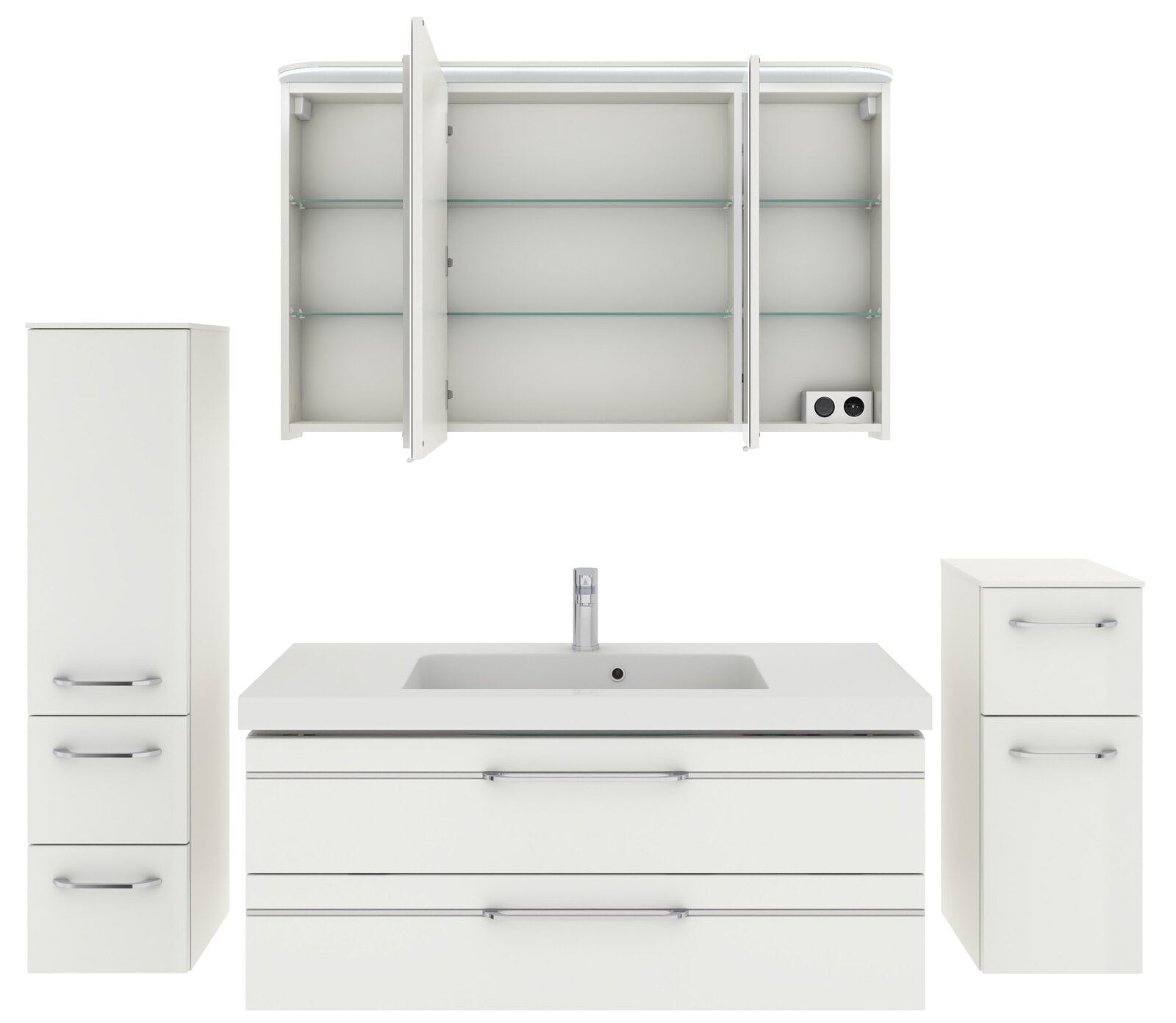 Badezimmermöbel-Set in Weiß, bestehend aus einem Waschbeckenunterschrank mit zwei Schubladen, einem hohen Schrank mit zwei Türen, einem kleinen Schrank mit einer Tür und einem Spiegelschrank mit offenen Türen, aus der Frontalperspektive.