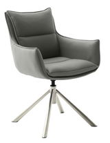 Grauer Sessel mit gepolstertem Sitz und Rückenlehne, auf einem drehbaren Metallgestell, seitliche Perspektive