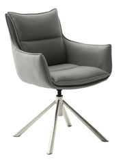 Grauer Sessel mit gepolstertem Sitz und Rückenlehne, auf einem drehbaren Metallgestell, seitliche Perspektive