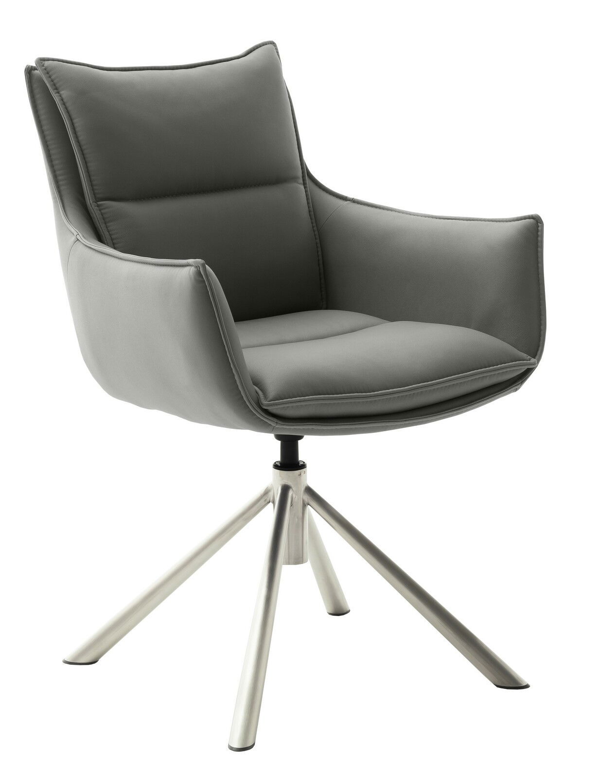 Grauer Sessel mit gepolstertem Sitz und Rückenlehne, auf einem drehbaren Metallgestell, seitliche Perspektive