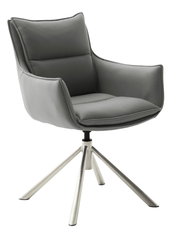 Grauer Sessel mit gepolstertem Sitz und Rückenlehne, auf einem drehbaren Metallgestell, seitliche Perspektive