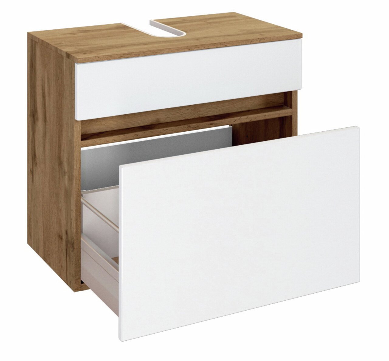 Waschbeckenunterschrank aus Holz mit weißer Front, geöffnete Schublade, seitliche Perspektive
