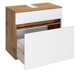 Waschbeckenunterschrank aus Holz mit weißer Front, geöffnete Schublade, seitliche Perspektive