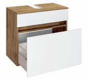 Waschbeckenunterschrank aus Holz mit weißer Front, geöffnete Schublade, seitliche Perspektive