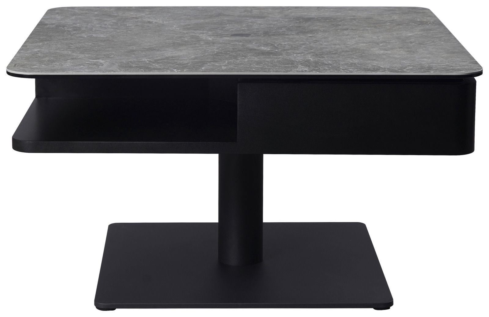 Moderner Couchtisch mit grauer Steinoptik-Oberfläche und schwarzem Sockel, frontal betrachtet.