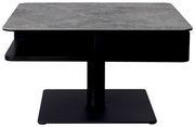 Moderner Couchtisch mit grauer Steinoptik-Oberfläche und schwarzem Sockel, frontal betrachtet.