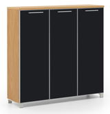 Moderner XL-Schuhschrank mit drei schwarzen Türen und Holzrahmen, Frontalansicht