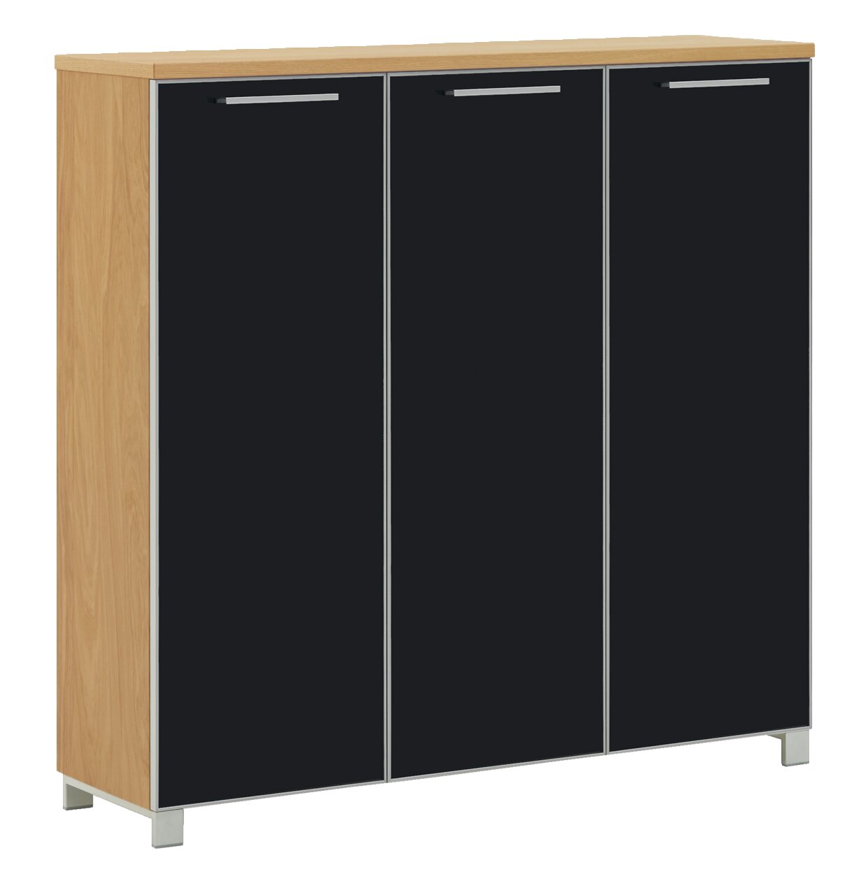 Moderner XL-Schuhschrank mit drei schwarzen Türen und Holzrahmen, Frontalansicht