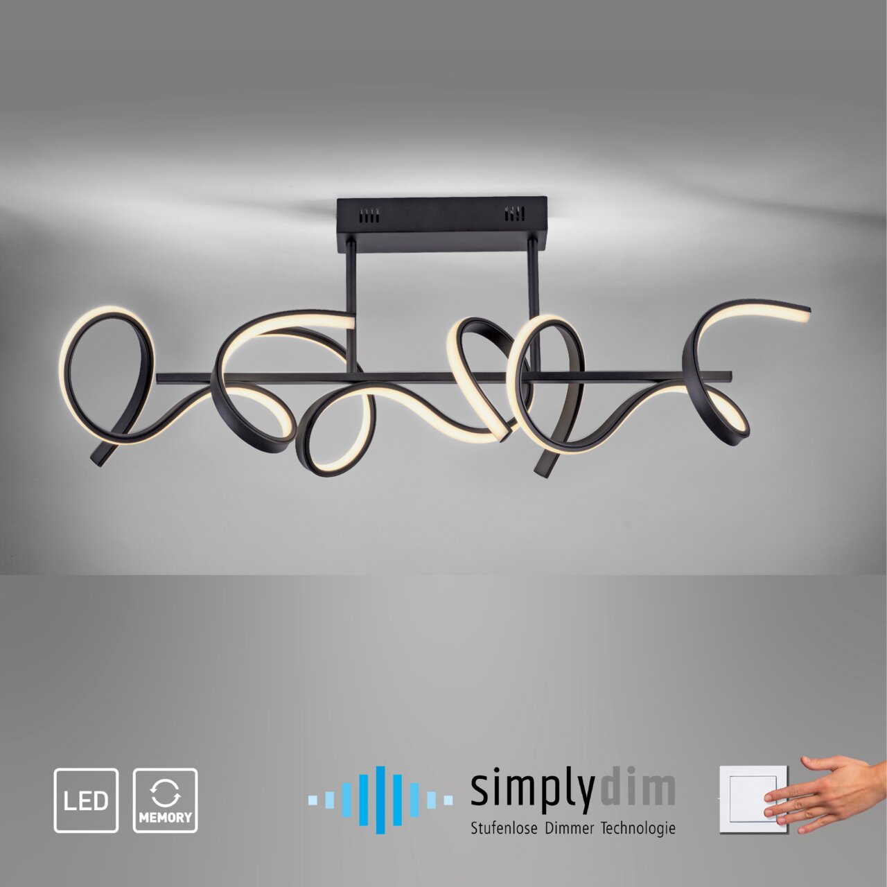 Moderne Deckenleuchte CURLS mit geschwungenem Design, LED-Beleuchtung und stufenloser Dimmer-Technologie, seitliche Perspektive.