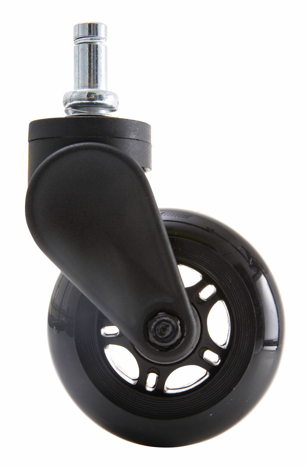 Schwarze Hartbodenrolle mit Metallstift, seitliche Perspektive