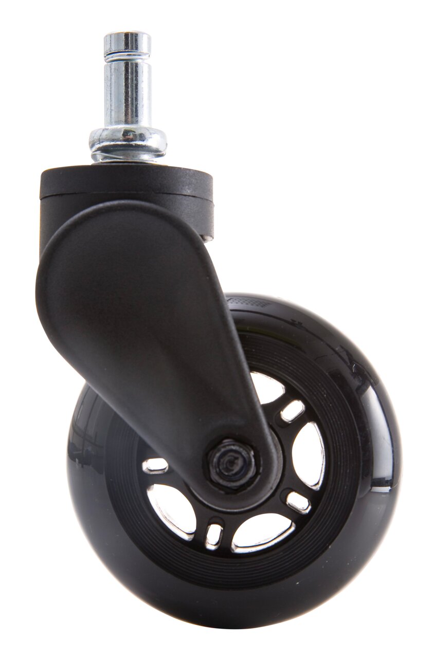 Schwarze Hartbodenrolle mit Metallstift, seitliche Perspektive