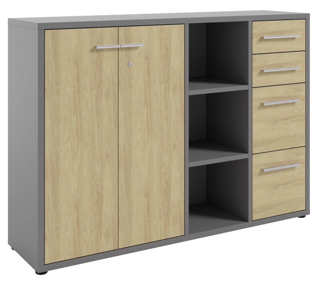 Manjana Aktenschrank TEXAS Moderner Aktenschrank mit Holz- und Grautönen, zwei Türen, drei Schubladen und offenen Regalfächern, seitliche Perspektive