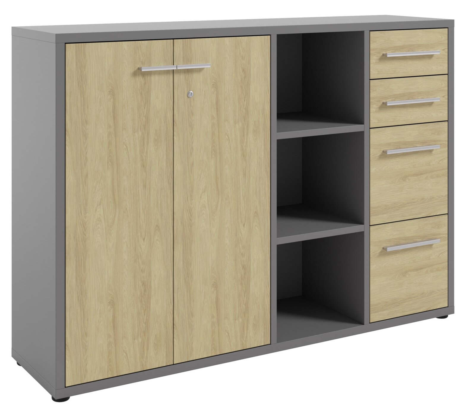 Manjana Archiefkast TEXAS Moderner Aktenschrank mit Holz- und Grautönen, zwei Türen, drei Schubladen und offenen Regalfächern, seitliche Perspektive