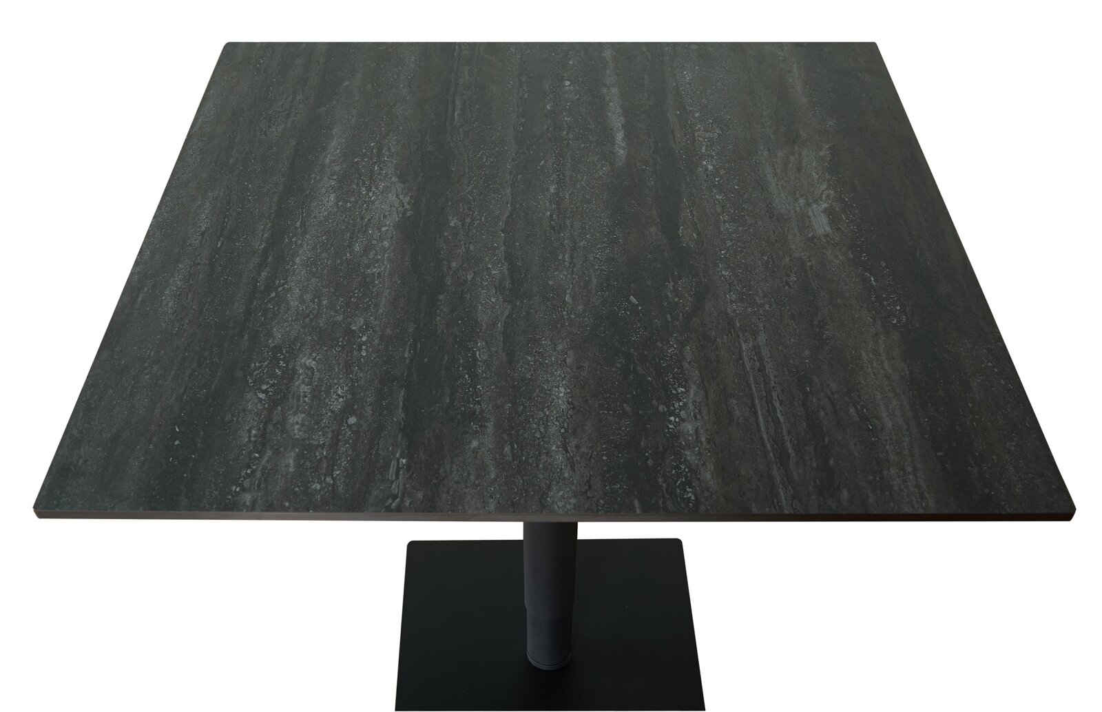 Quadratischer Bartisch mit dunkler, marmorierter Tischplatte, Ansicht von oben.