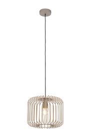 Moderne Hängeleuchte mit einem offenen, runden Lampenschirm aus Metallstreben, von unten betrachtet.