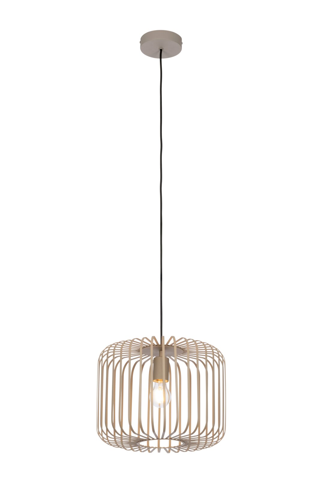 Novel Hanglamp KORRES Moderne hanglamp met een open, ronde lampenkap van metalen spanten, gezien van onderaf.