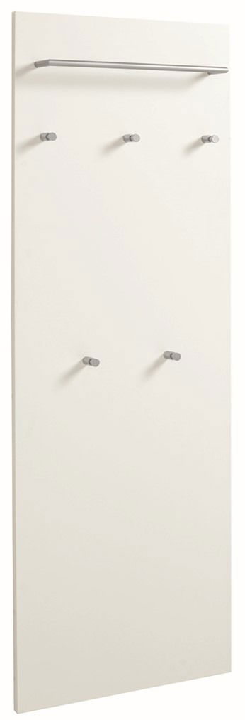 Weißes Paneel mit fünf Haken und einer oberen Stange, seitliche Perspektive