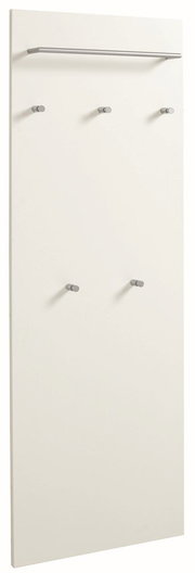 Weißes Paneel mit fünf Haken und einer oberen Stange, seitliche Perspektive