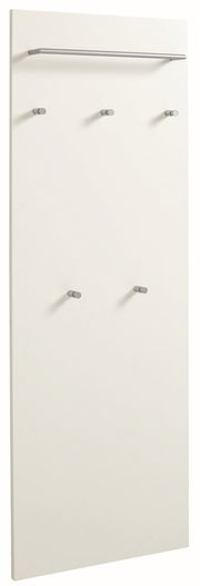 Weißes Paneel mit fünf Haken und einer oberen Stange, seitliche Perspektive