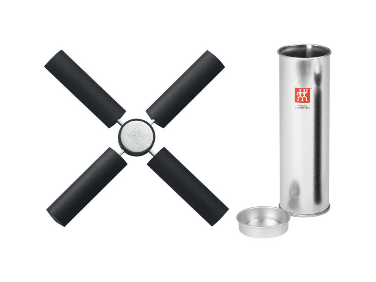 Topfuntersetzer TWIN Specials in schwarzem Design, ausgebreitet in X-Form, mit silbernem Aufbewahrungsbehälter, Ansicht von oben.