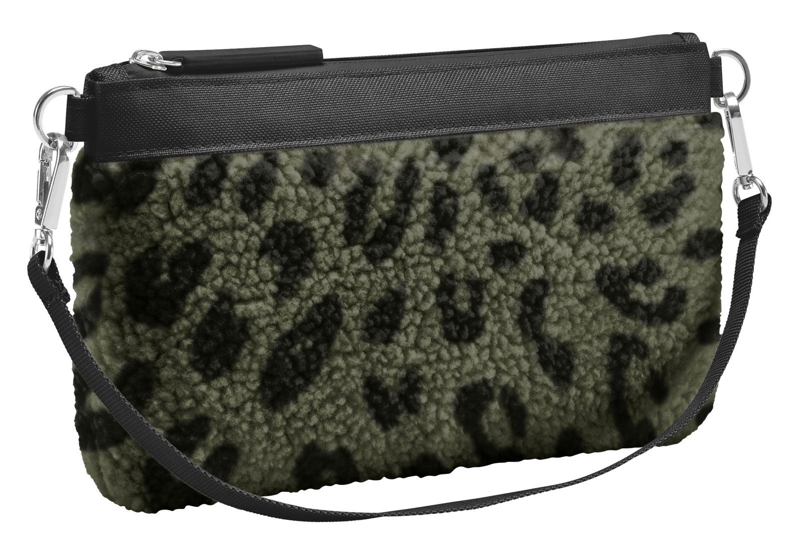 Reisenthel Mini Pouch Teddy Leo Olive Mini-Tasche mit schwarzem und olivgrünem Leopardenmuster, seitliche Perspektive