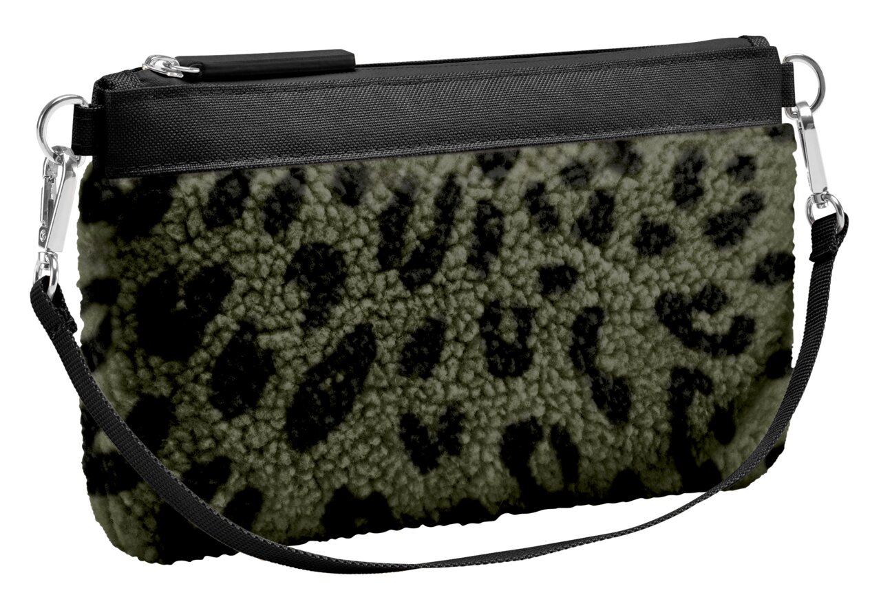 Mini-Tasche mit schwarzem und olivgrünem Leopardenmuster, seitliche Perspektive