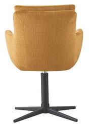 Rückansicht eines gelben Armlehnstuhls mit schwarzem Drehfuß