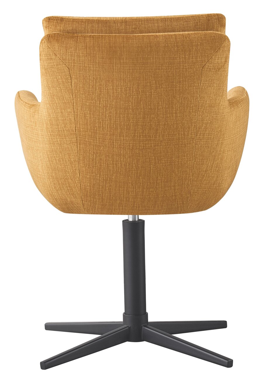 Achterkant van een gele fauteuil met zwarte draaivoet