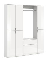 Weiße Garderobenkombination mit mehreren Türen und Schubladen, frontal betrachtet