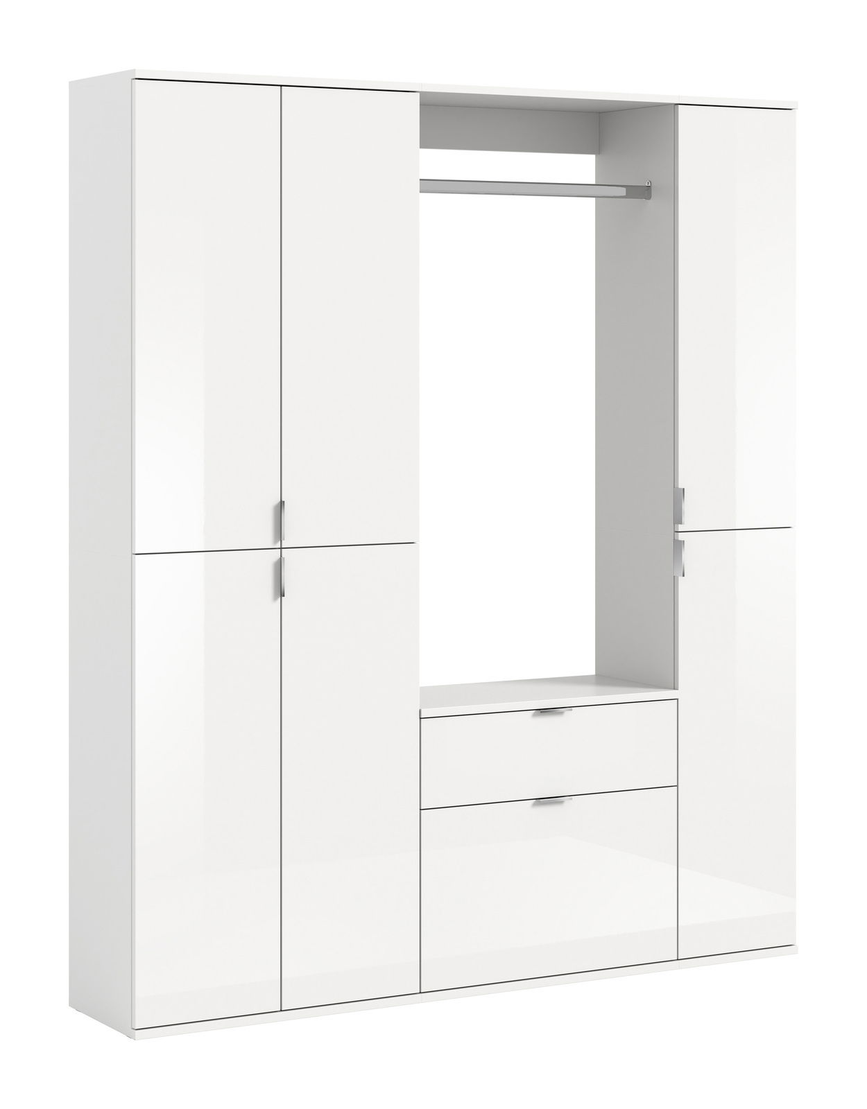 MID.YOU Garderobenkombination PROJEKT X Weiße Garderobenkombination mit mehreren Türen und Schubladen, frontal betrachtet