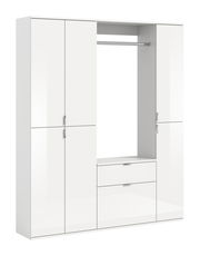 Weiße Garderobenkombination mit mehreren Türen und Schubladen, frontal betrachtet