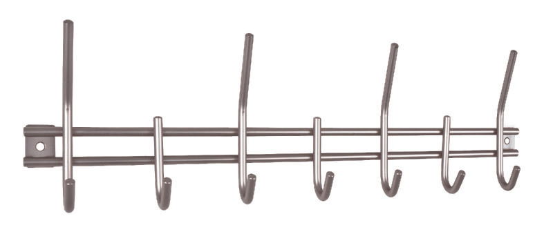 Metallische Garderobenleiste mit sechs Haken, seitliche Perspektive