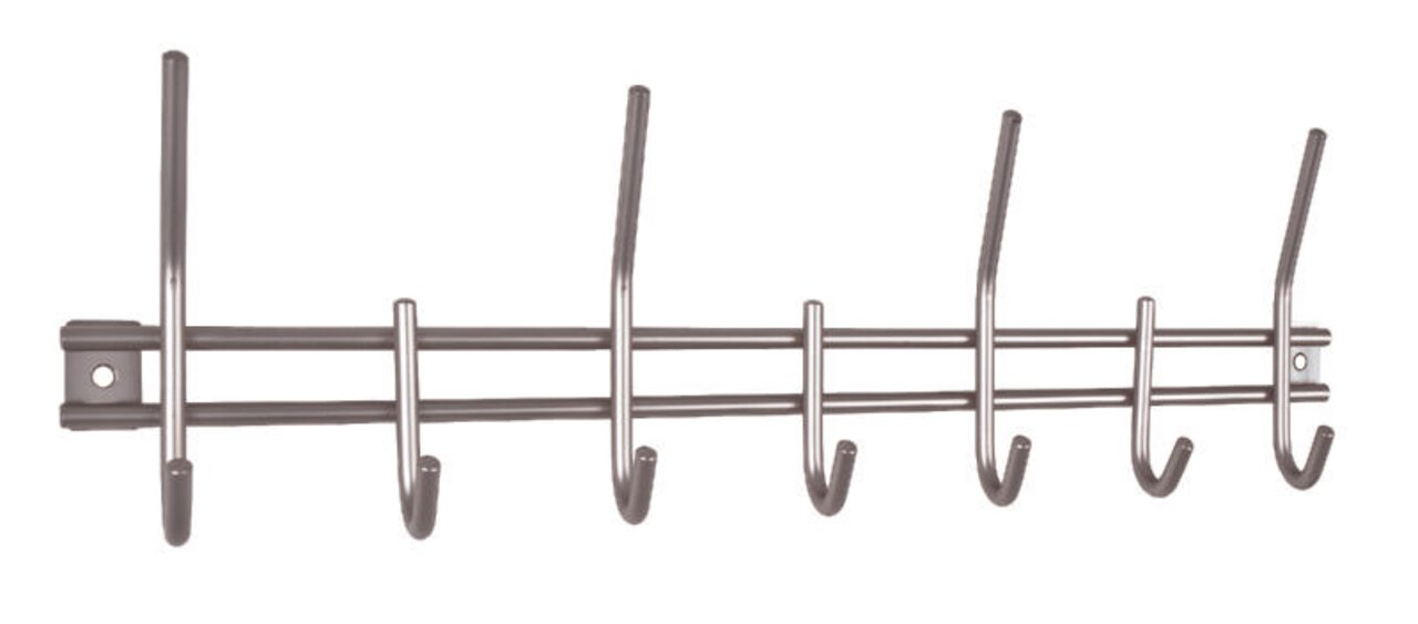 Metallische Garderobenleiste mit sechs Haken, seitliche Perspektive