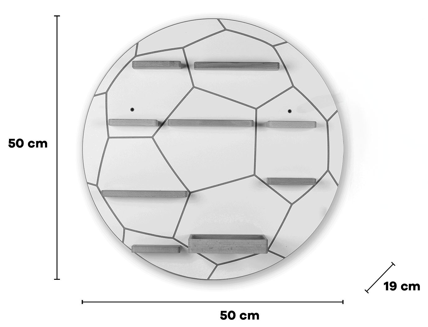 Rundes Wandregal in Fußball-Optik mit mehreren kleinen Holzablagen, Maße ca. 50 x 50 cm und Tiefe ca. 19 cm, frontale Ansicht.