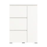 Weißer Schuhschrank mit drei Schubladen und einer Tür, frontale Ansicht