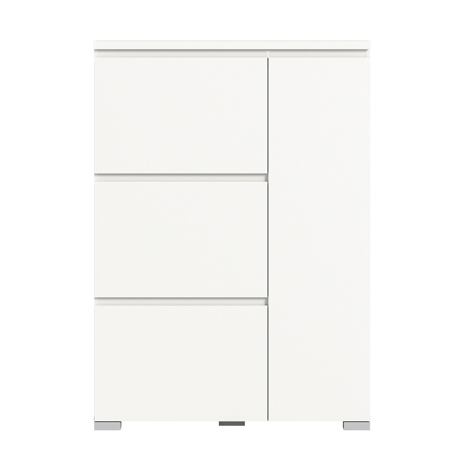 Weißer Schuhschrank mit drei Schubladen und einer Tür, frontale Ansicht