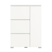 Weißer Schuhschrank mit drei Schubladen und einer Tür, frontale Ansicht