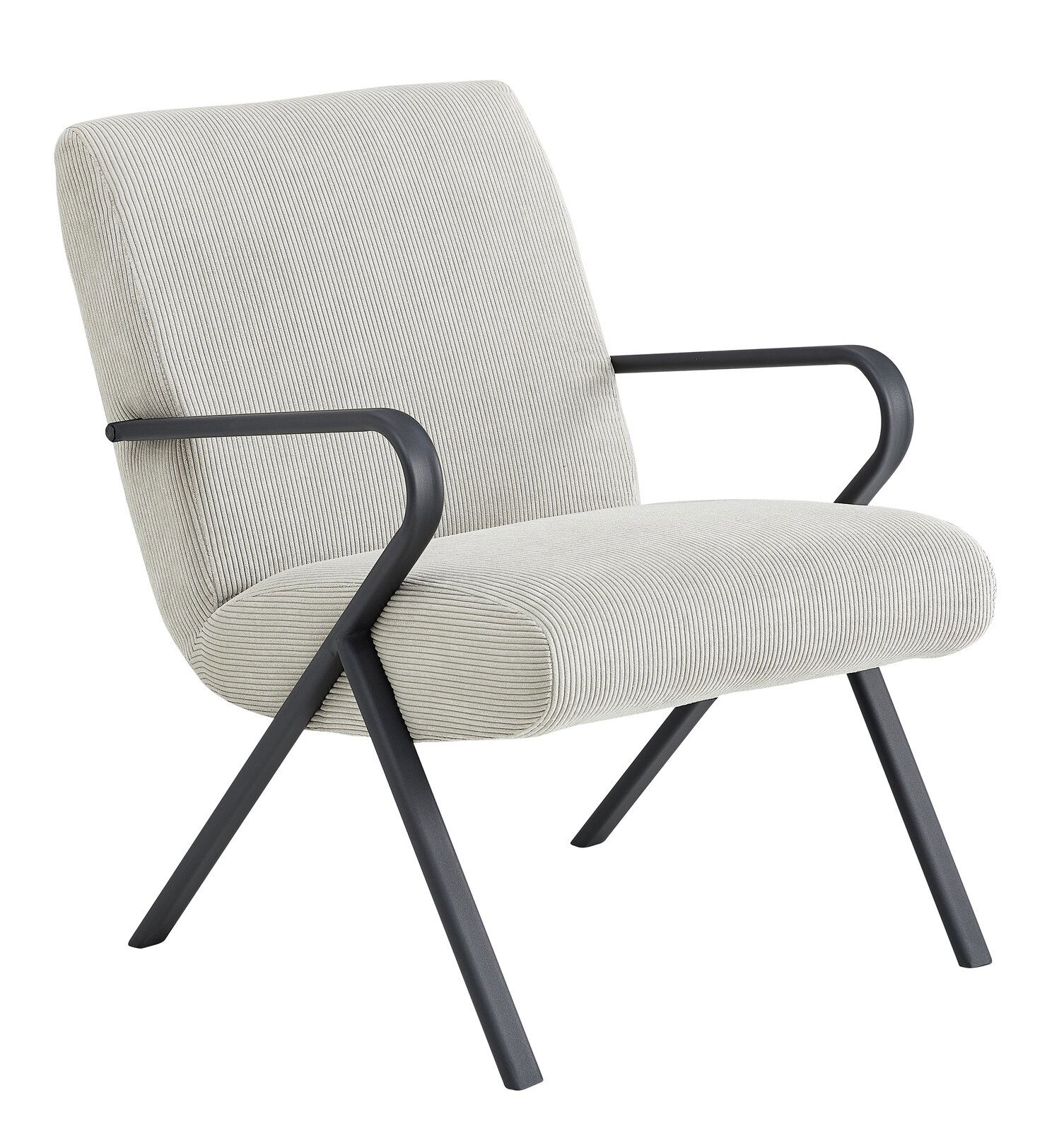 Hom´in Sessel DÖRTE Moderner Sessel mit hellgrauem Stoffbezug und schwarzen Metallbeinen, seitliche Perspektive.