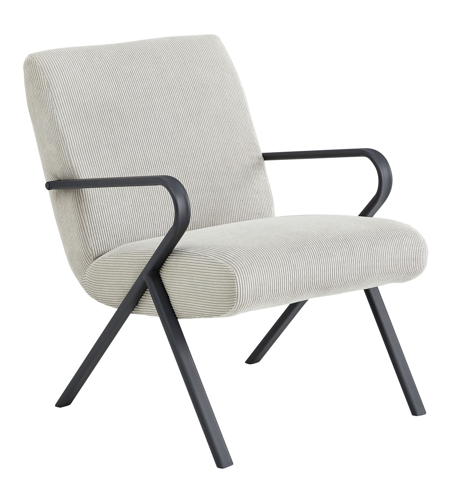 Moderner Sessel mit hellgrauem Stoffbezug und schwarzen Metallbeinen, seitliche Perspektive.