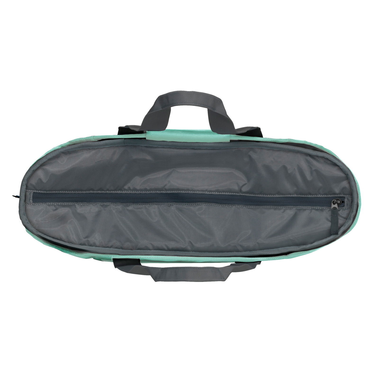 Obere Ansicht einer offenen, länglichen Iso-Tasche mit Reißverschluss und Tragegriffen.