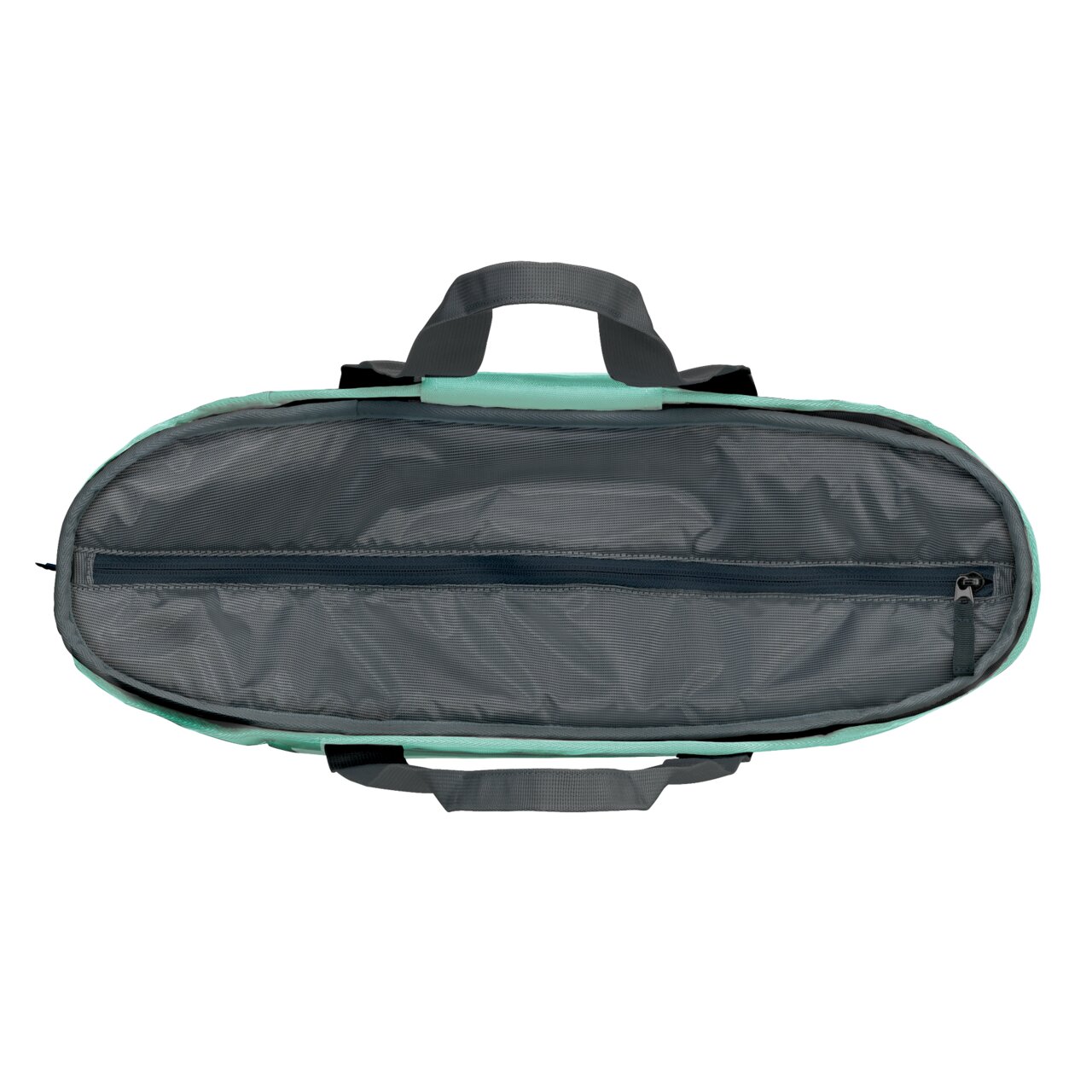 Obere Ansicht einer offenen, länglichen Iso-Tasche mit Reißverschluss und Tragegriffen.