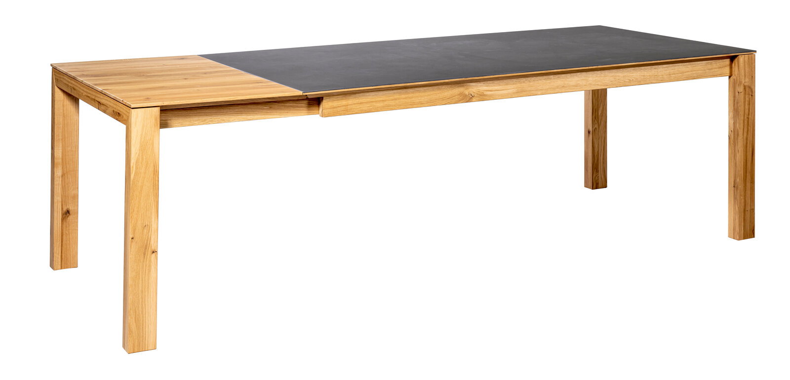 Moderner Esstisch aus Holz mit schwarzer Tischplatte, seitliche Perspektive