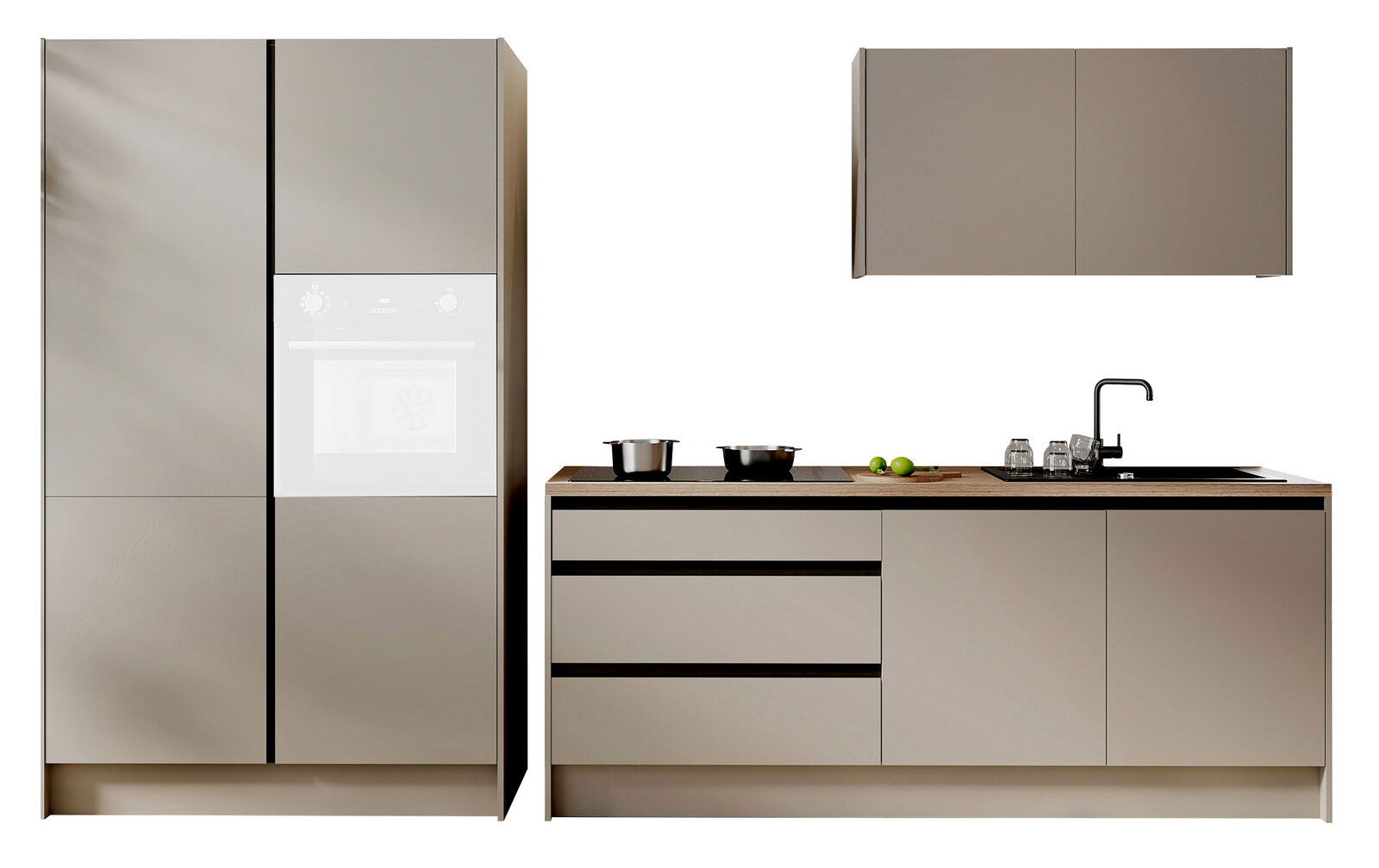 Yourkitchen Küchenblock 335 TROJA Moderner Küchenblock in minimalistischer Optik, bestehend aus einem hohen Schrank mit integriertem Backofen, einer Arbeitsplatte mit Kochfeld und Spüle, sowie einem Hängeschrank. Frontale Ansicht.
